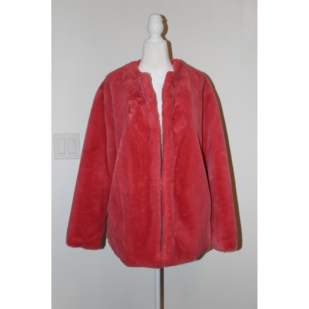 Bernardo Women's‎ Coral Pink Faux Fur Collarless Jacket Coat Size M